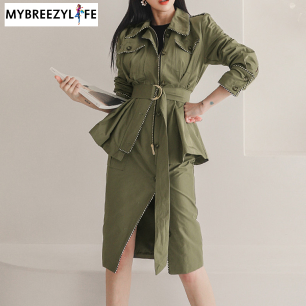 Army Green Zipper Jacket with Split Pencil Skirt Suit 2020