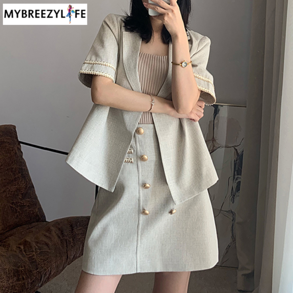 Double Breasted Notched Blazer with Skirt Suits