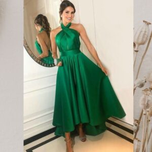 Elegant Green Satin Backless Evening Dress